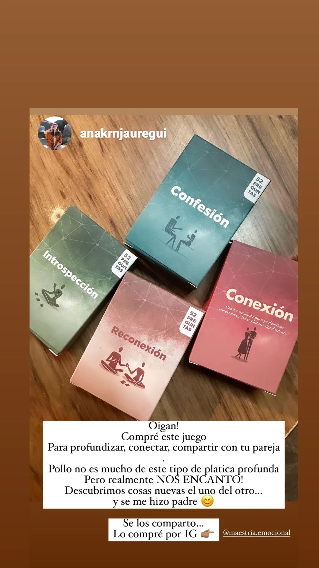 Descubrimiento. Durante mi vida he realizado muchas practicas de autoconocimiento y al abrir las cajitas y ver las preguntas me parecieron conocidas e interesantes, lo mejor fue cuando una de ellas regale en navidad cuando la familia estaba reunida y entonces las preguntas comenzaron a hacerse presentes, la dinámica fue interesante, todo mundo aportando su visión de la realidad y consensando ideas y aprendizajes, me ha gustado y seguiré pendiente de su material.
-Miguel Angel J. Nocetti Vilchis
